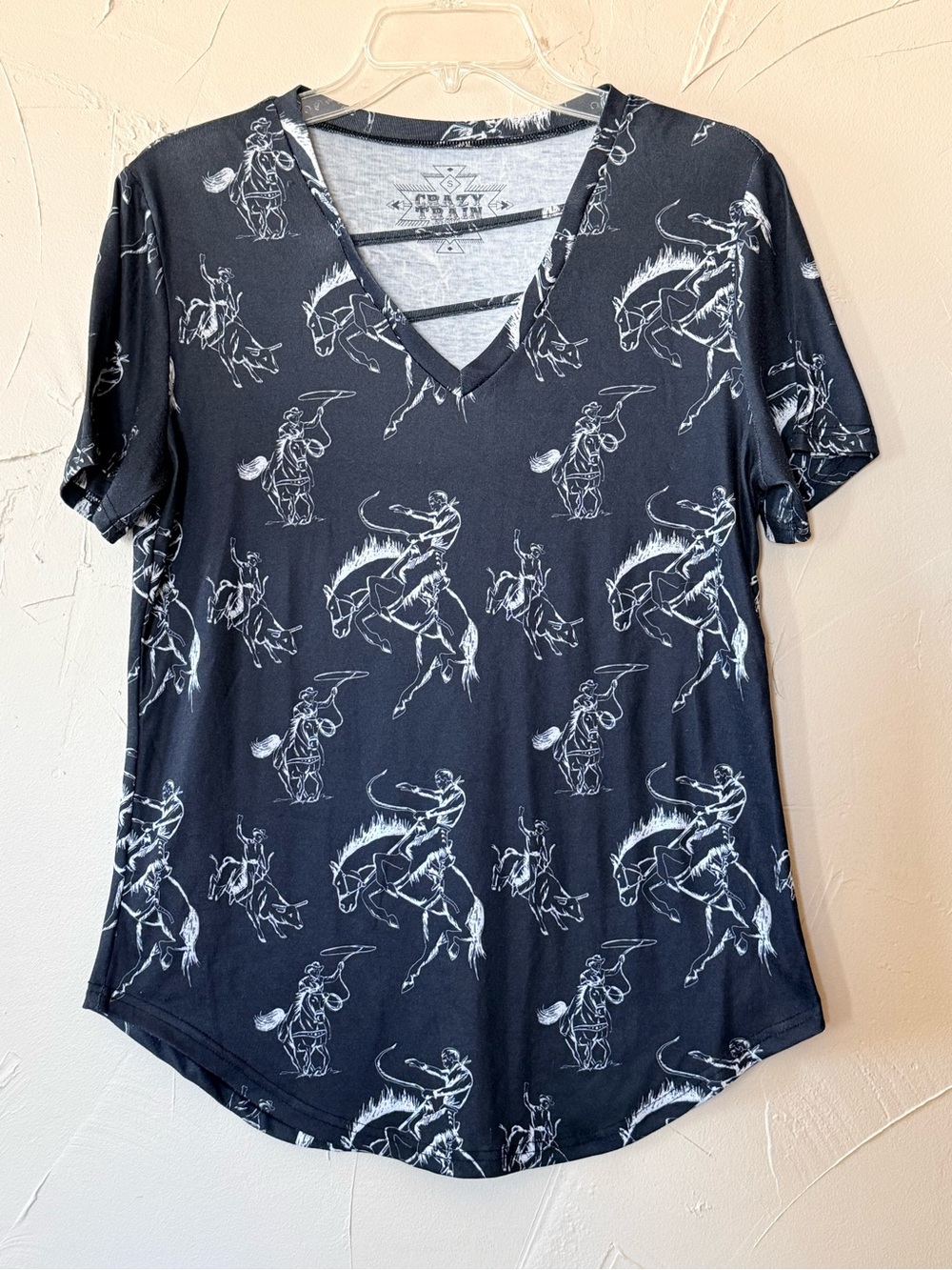 CRAZY TRAIN Black V-Neck Bronc rider Print Tee- western cowboy
